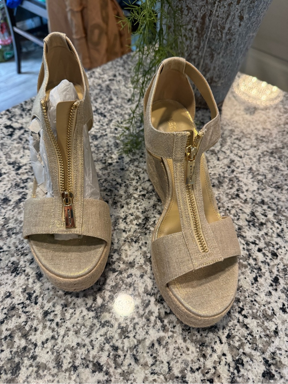 Michael Kors Beige Linen Zip-Front Wedge Sandals